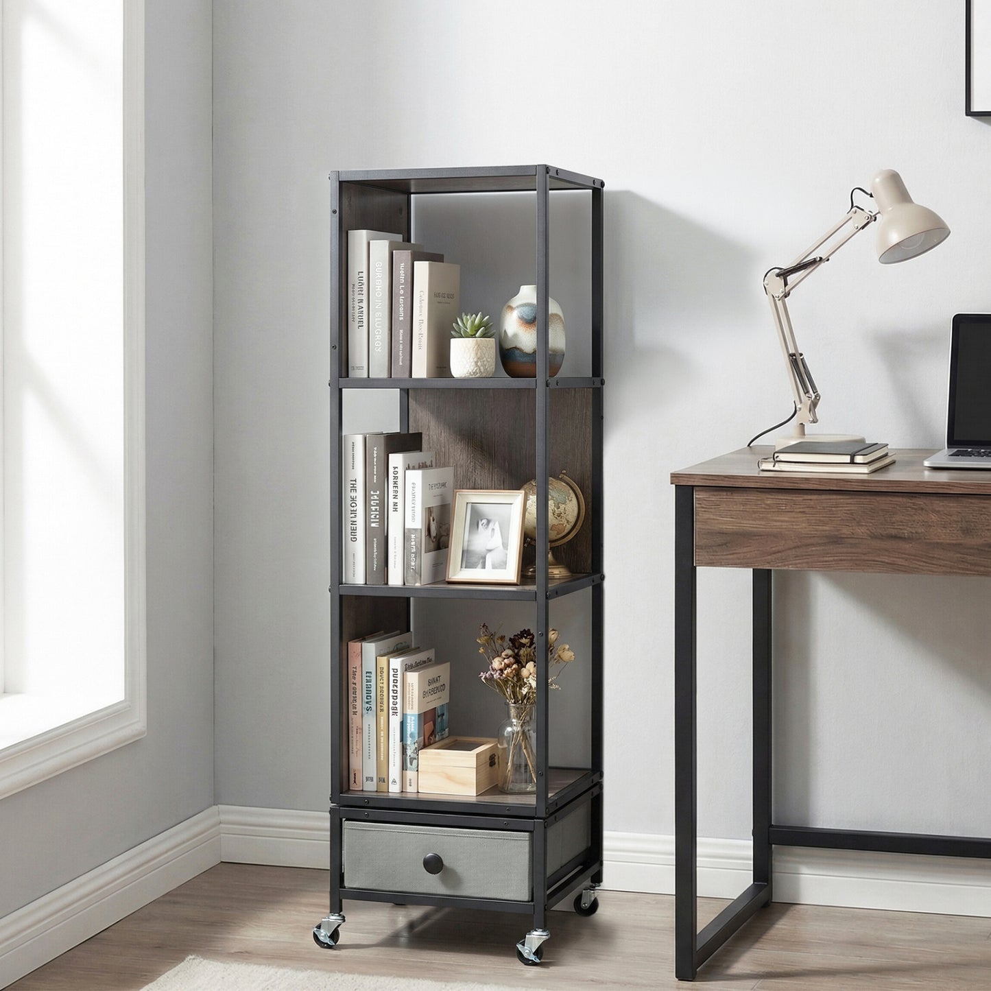 4-Tier Rotating Bookshelf On Wheels, With Drawer, Gray Bookcases at Gallery Canada