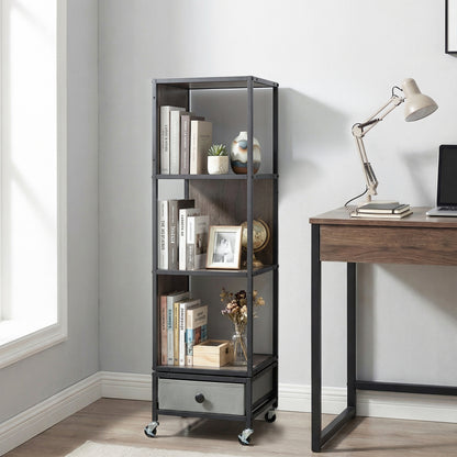 4-Tier Rotating Bookshelf On Wheels, With Drawer, Gray Bookcases at Gallery Canada