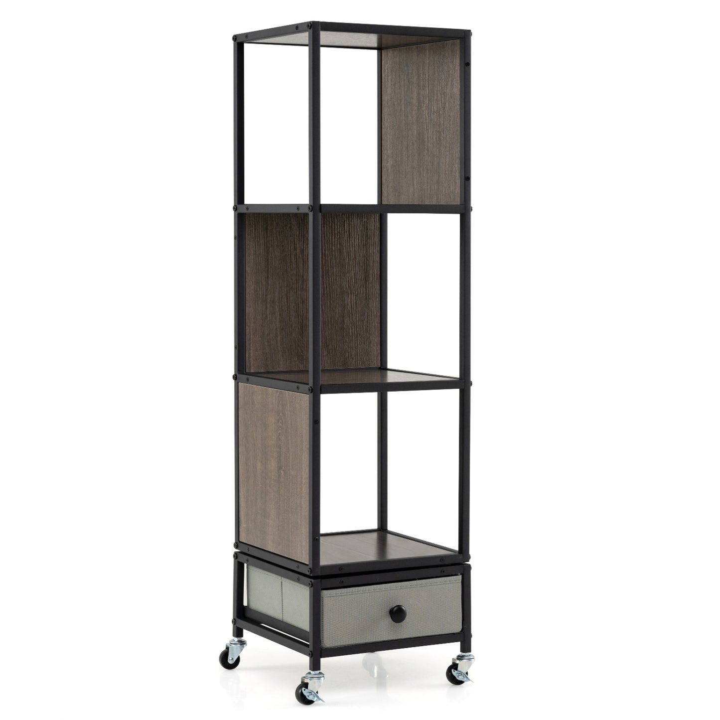 4-Tier Rotating Bookshelf On Wheels, With Drawer, Gray Bookcases at Gallery Canada