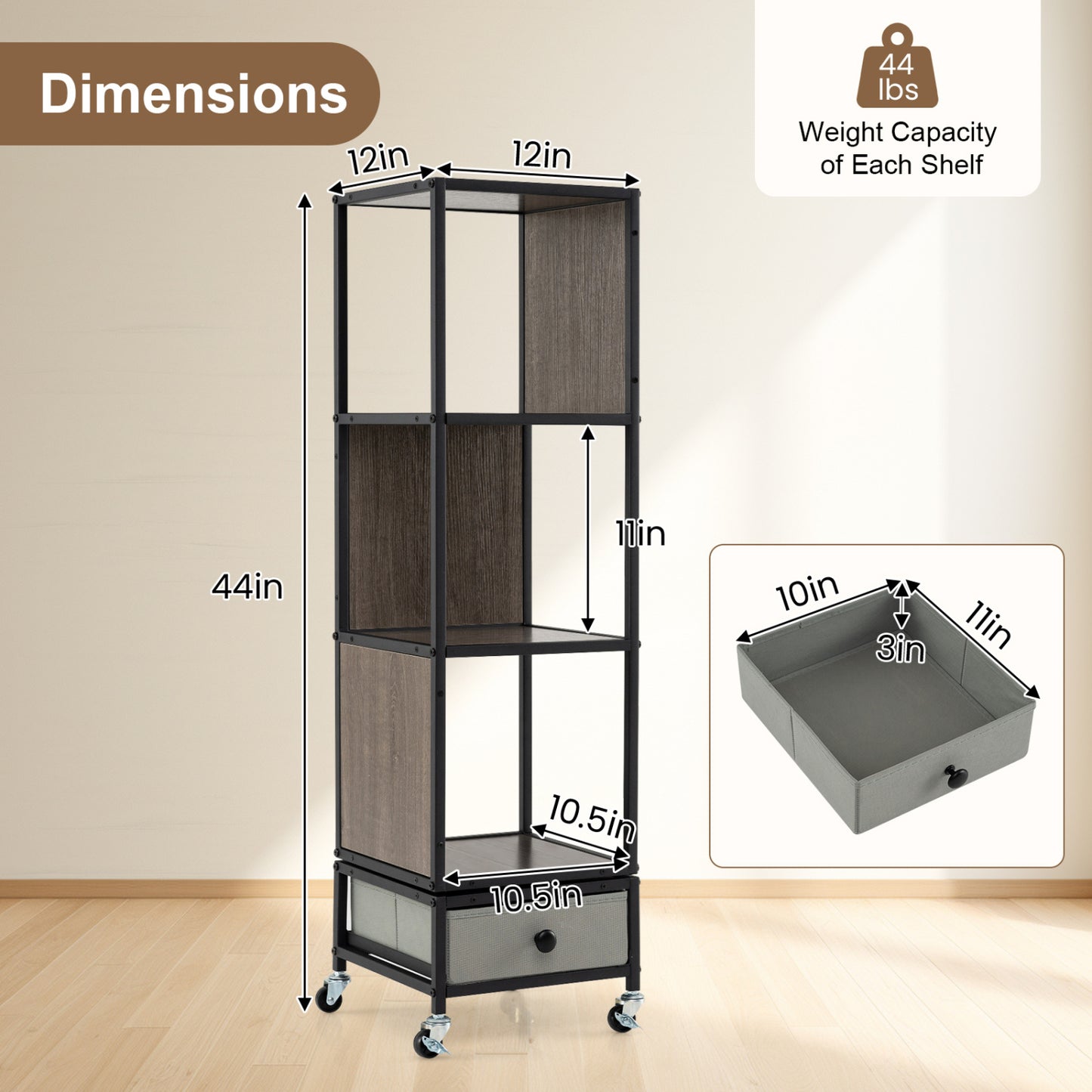 4-Tier Rotating Bookshelf On Wheels, With Drawer, Gray Bookcases at Gallery Canada