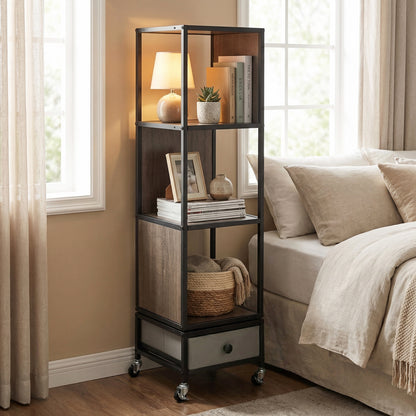 4-Tier Rotating Bookshelf On Wheels, With Drawer, Gray Bookcases at Gallery Canada