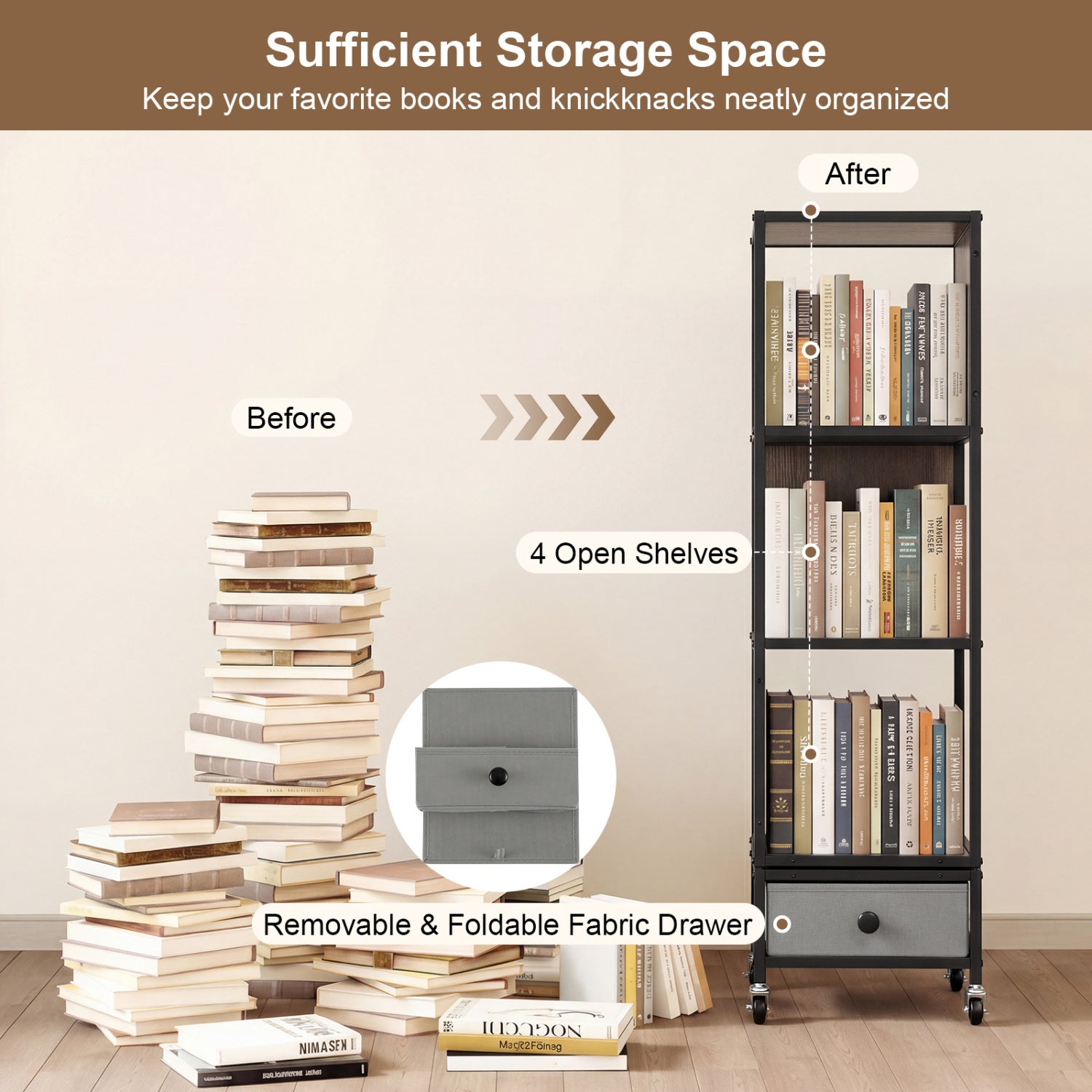 4-Tier Rotating Bookshelf On Wheels, With Drawer, Gray Bookcases at Gallery Canada