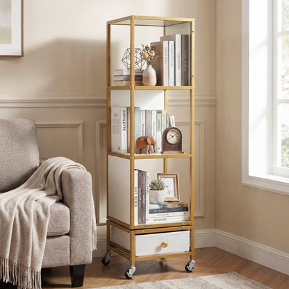 4-Tier Rotating Bookshelf on Wheels, with Drawer, White Bookcases at Gallery Canada