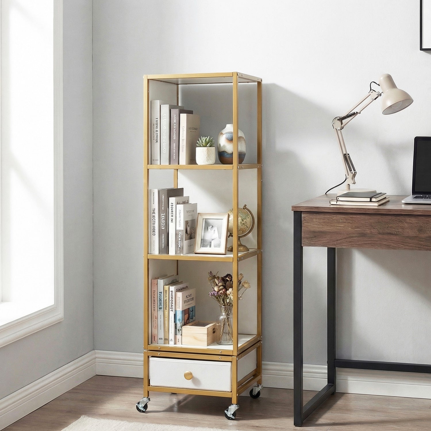 4-Tier Rotating Bookshelf on Wheels, with Drawer, White Bookcases at Gallery Canada