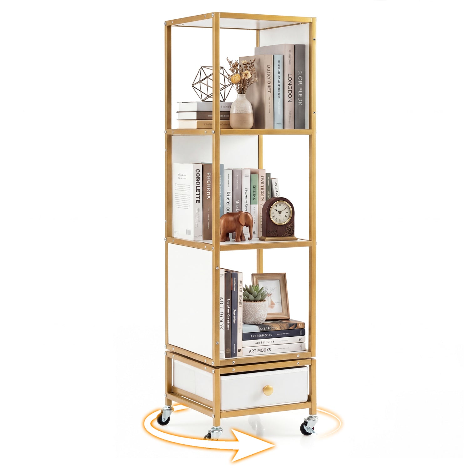 4-Tier Rotating Bookshelf on Wheels, with Drawer, White Bookcases White at Gallery Canada