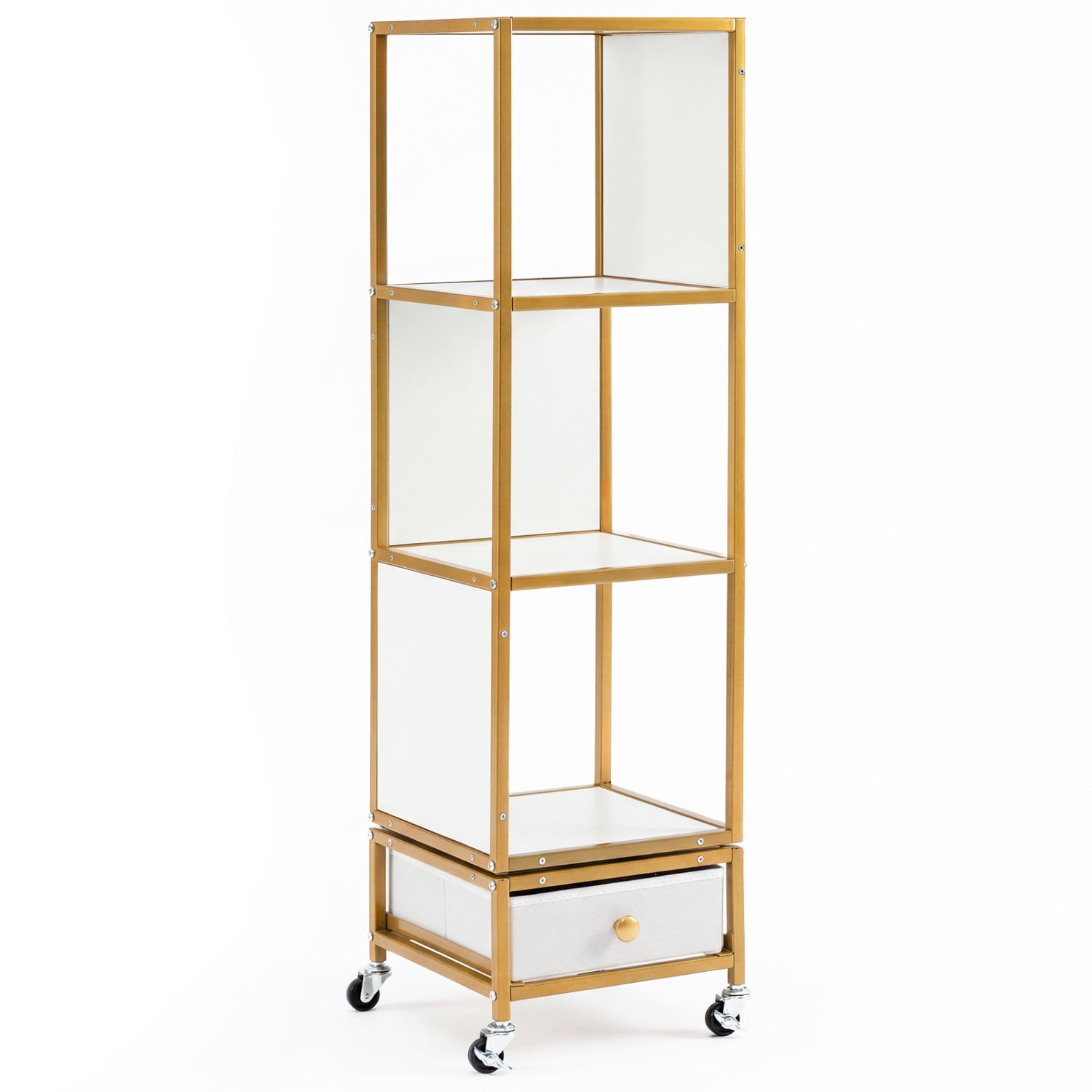 4-Tier Rotating Bookshelf on Wheels, with Drawer, White Bookcases at Gallery Canada