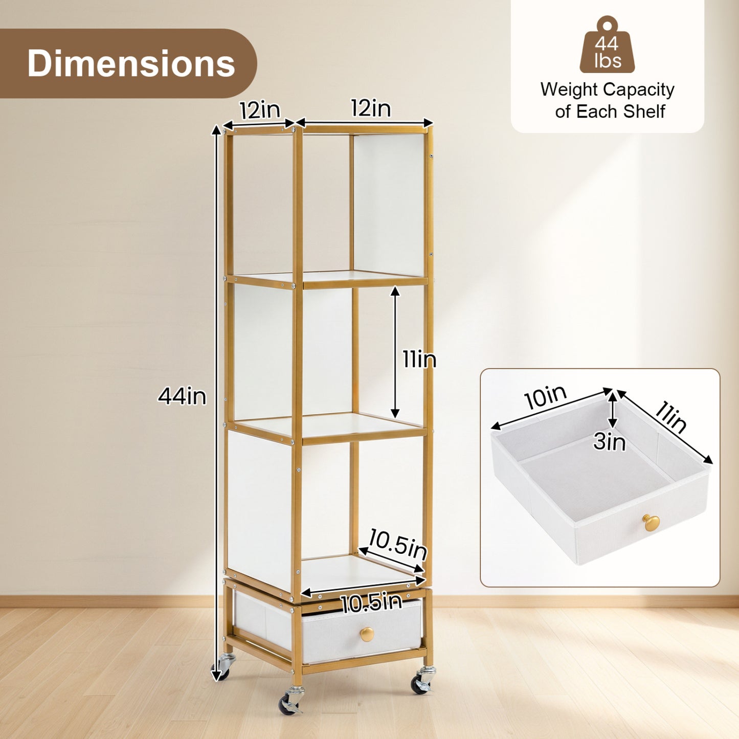4-Tier Rotating Bookshelf on Wheels, with Drawer, White Bookcases at Gallery Canada