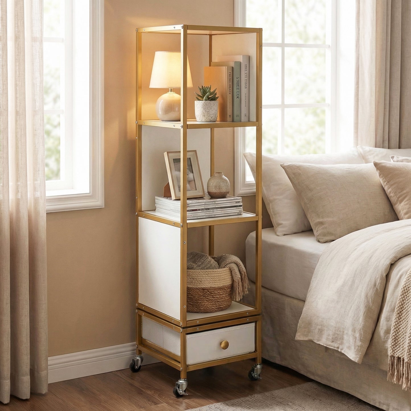 4-Tier Rotating Bookshelf on Wheels, with Drawer, White Bookcases at Gallery Canada