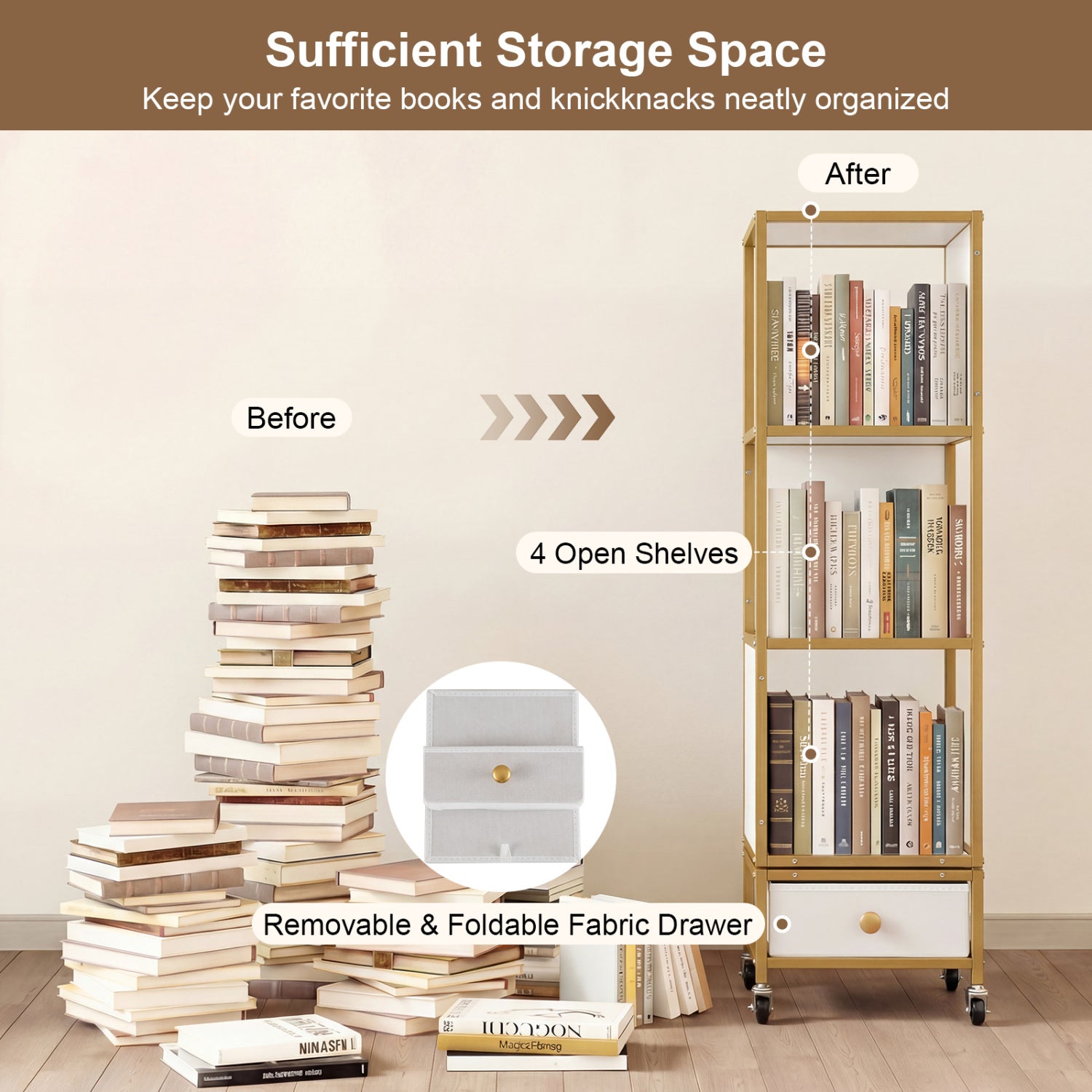 4-Tier Rotating Bookshelf on Wheels, with Drawer, White Bookcases at Gallery Canada