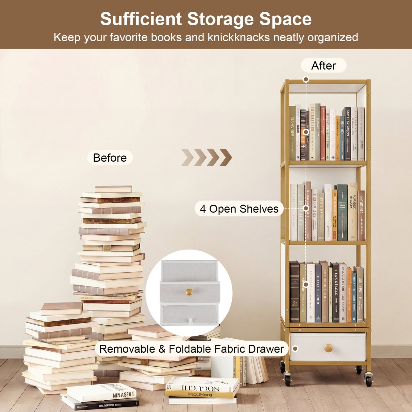 4-Tier Rotating Bookshelf on Wheels, with Drawer, White Bookcases at Gallery Canada