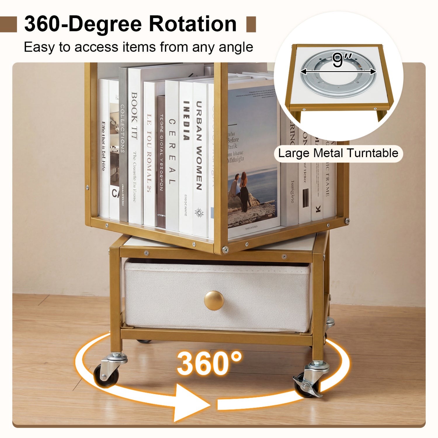 4-Tier Rotating Bookshelf on Wheels, with Drawer, White Bookcases at Gallery Canada