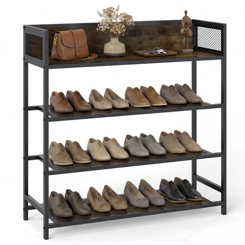 4-Tier Shoe Rack, Industrial Metal Frame, Rustic Brown