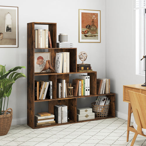 4-Tier Ladder Bookshelf with 6 Cubes, Rustic Brown