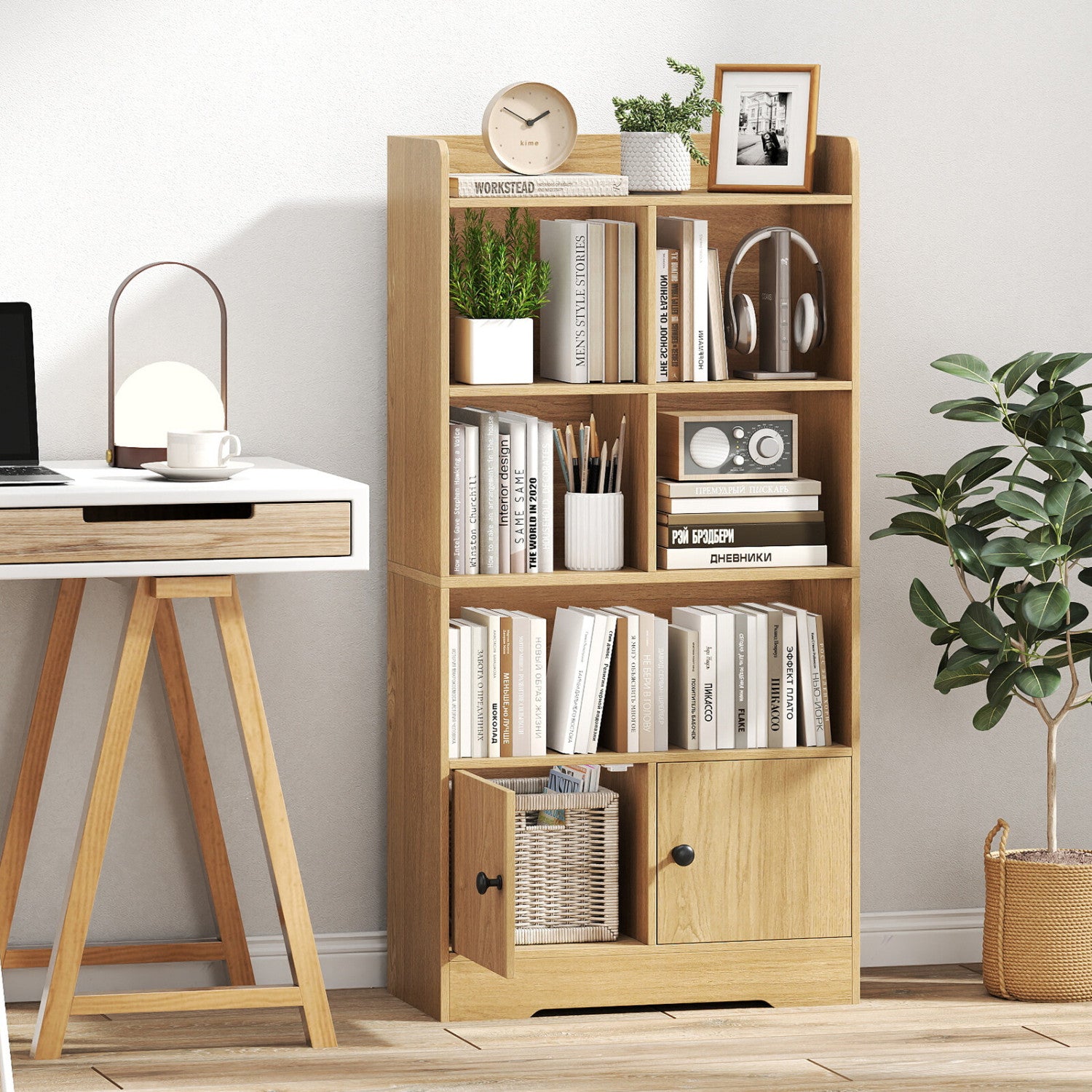 4 Tiers Bookshelf with 4 Cubes Display Shelf and 2 Doors, Natural Bookcases at Gallery Canada