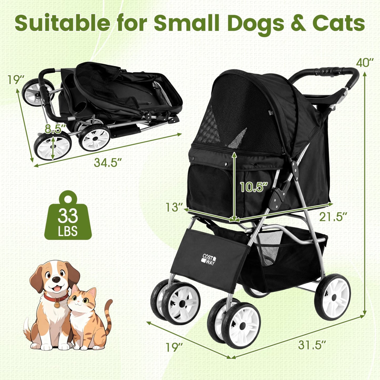 4 Wheel Pet Stroller, Small Dogs Cats, 33 LBS, Black Dog Supplies at Gallery Canada