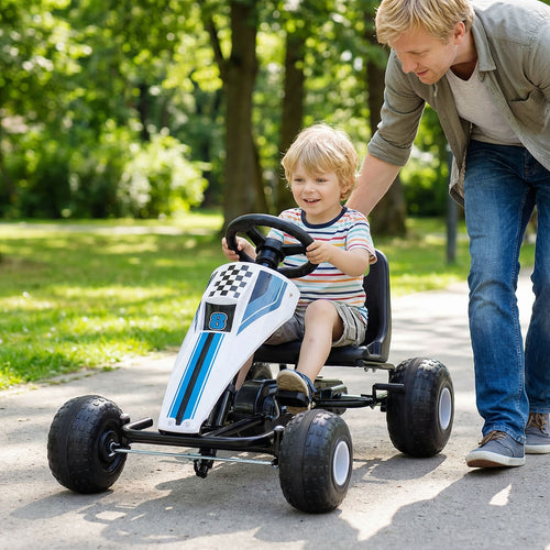 4-Wheel Ride On Toy Pedal Go Kart for Kids with Steering Wheel and Safe Handbrake, White