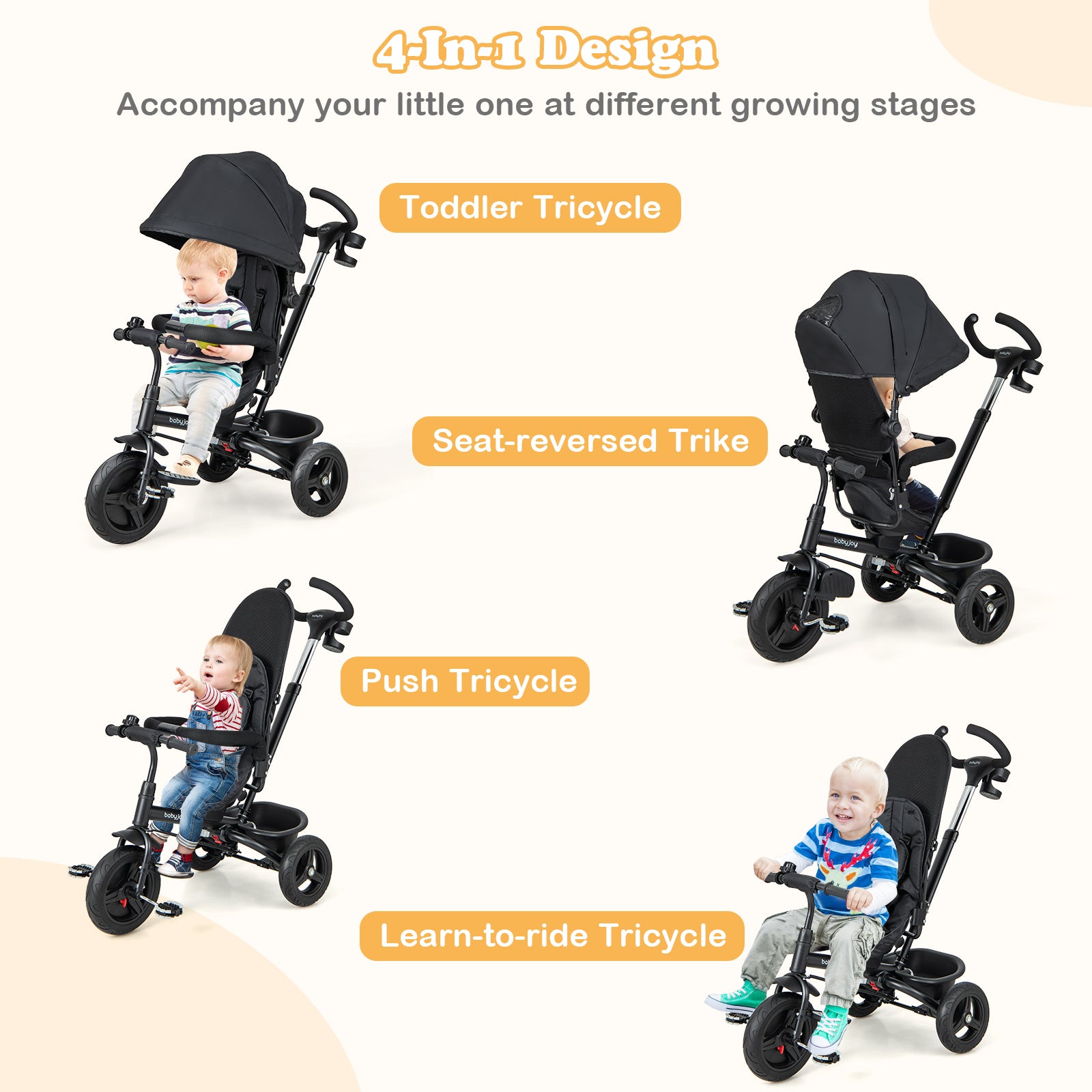 4-In-1 Baby Tricycle, Reversible Seat, 5-Point Safety Harness, Black Baby Strollers at Gallery Canada