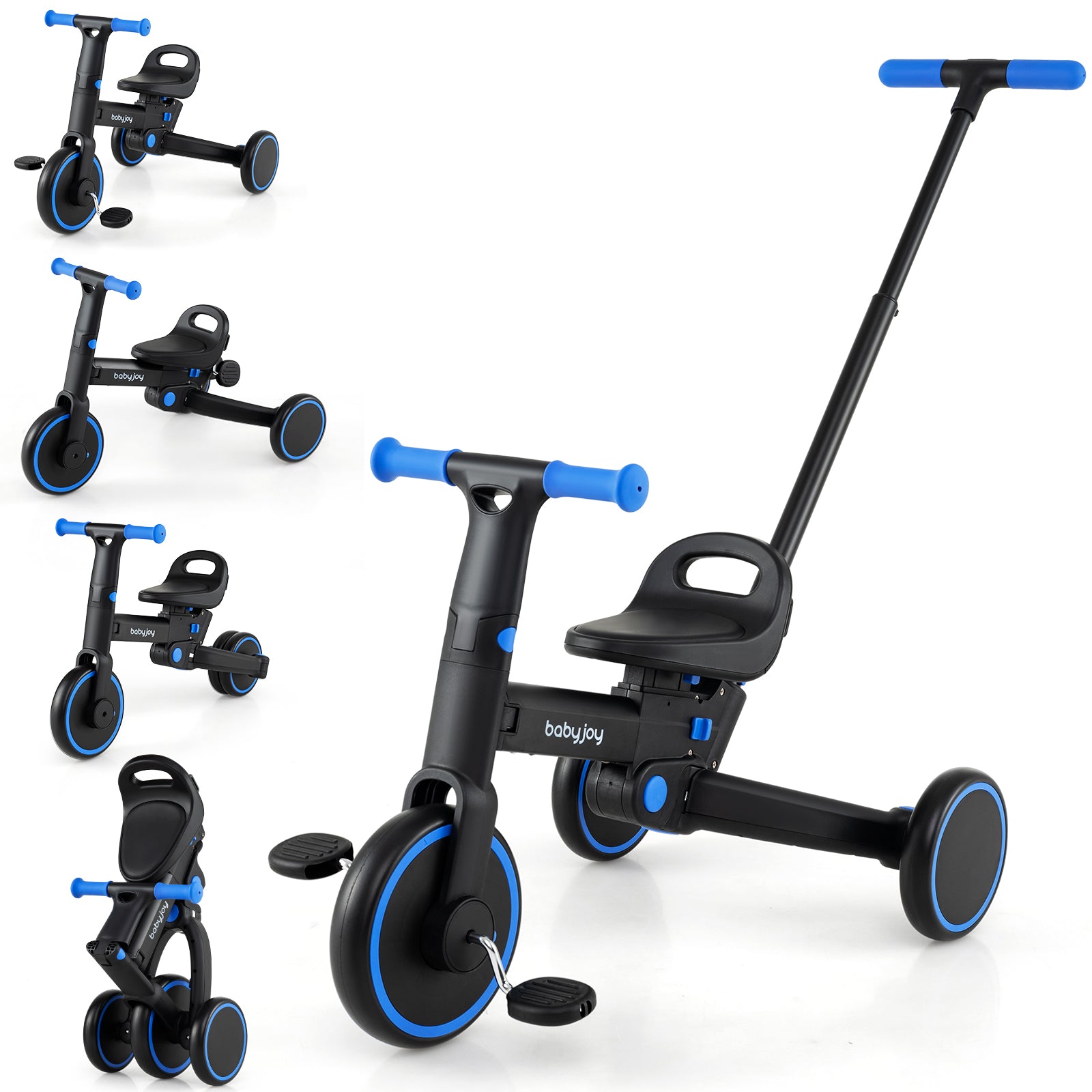 4-in-1 Foldable Toddler Tricycle with Push Handle with Adjustable Seat, Navy Balance Bikes at Gallery Canada