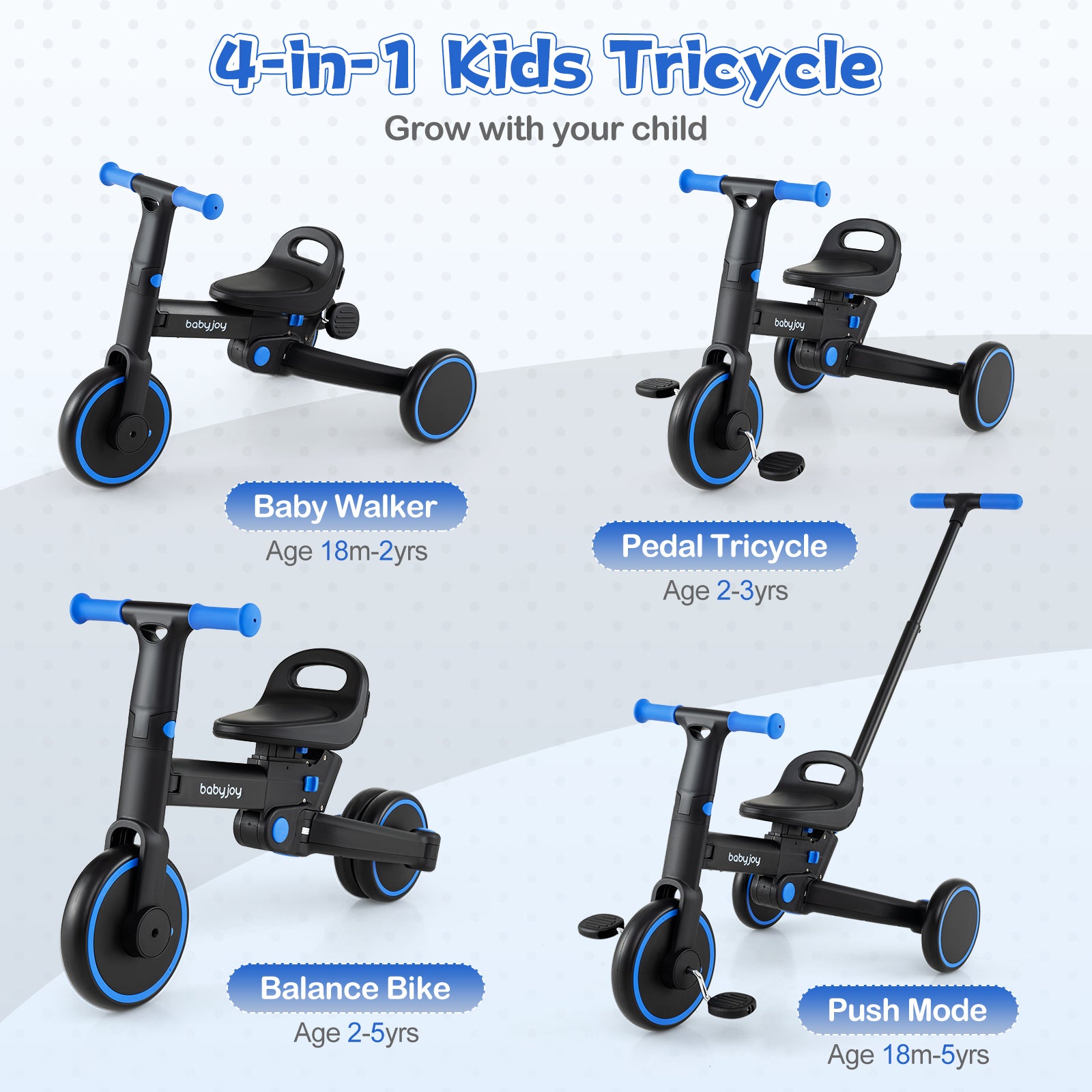 4-in-1 Foldable Toddler Tricycle with Push Handle with Adjustable Seat, Navy Balance Bikes at Gallery Canada