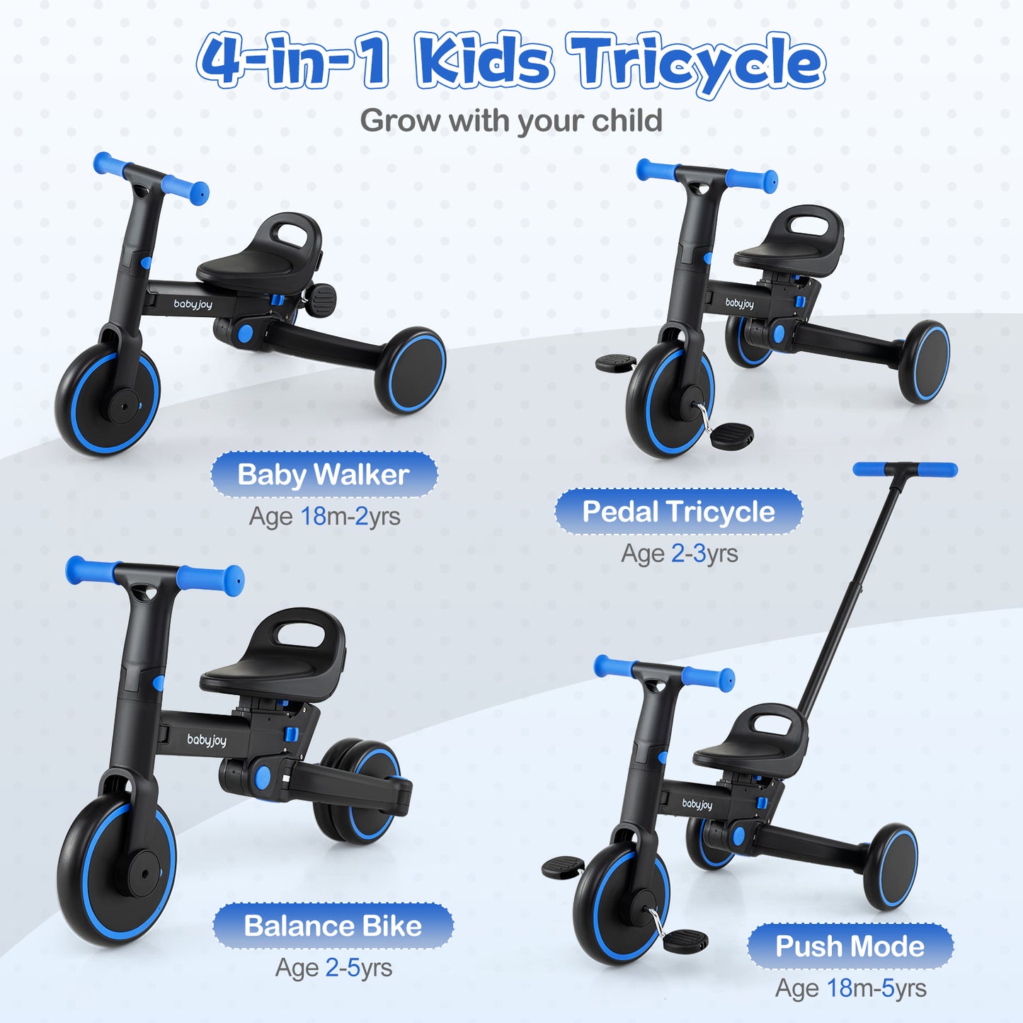 4-in-1 Foldable Toddler Tricycle with Push Handle with Adjustable Seat, Navy Balance Bikes at Gallery Canada