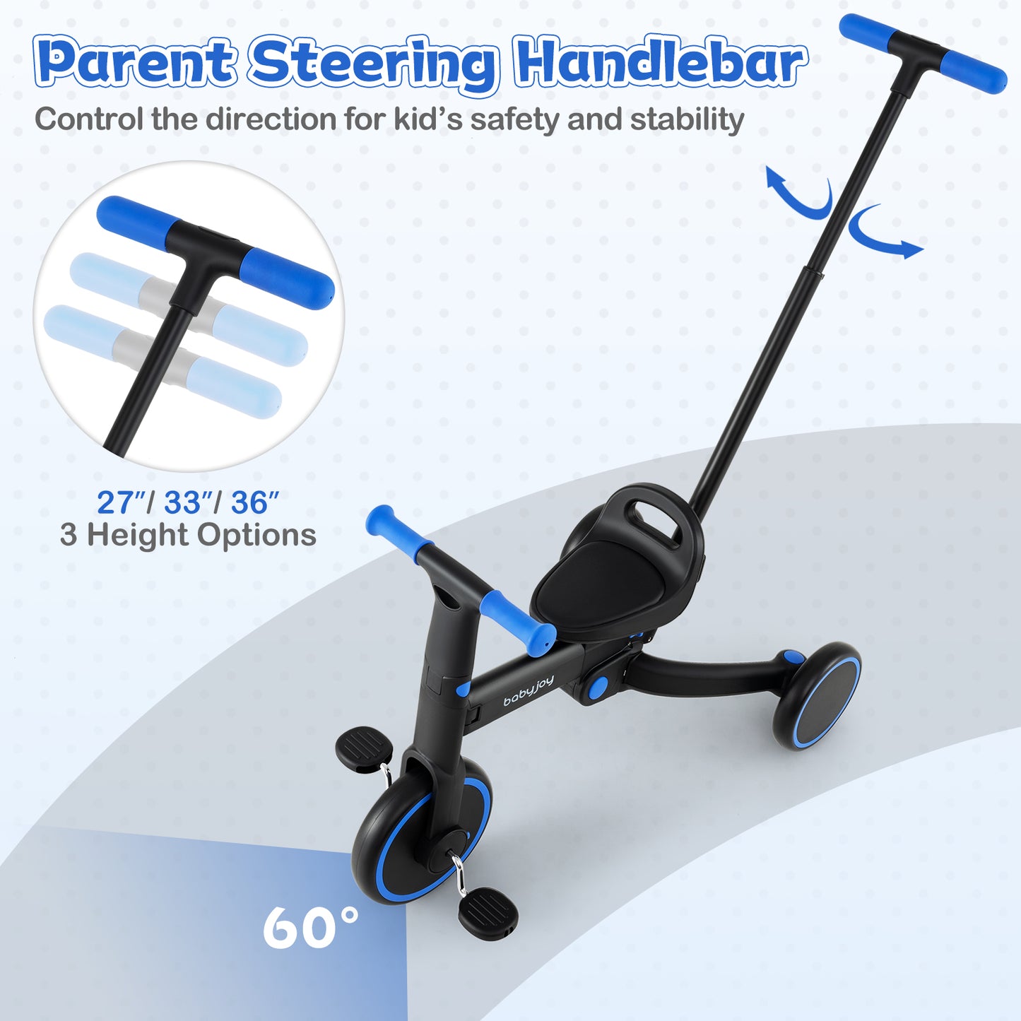 4-in-1 Foldable Toddler Tricycle with Push Handle with Adjustable Seat, Navy Balance Bikes at Gallery Canada