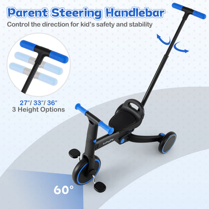 4-in-1 Foldable Toddler Tricycle with Push Handle with Adjustable Seat, Navy Balance Bikes at Gallery Canada