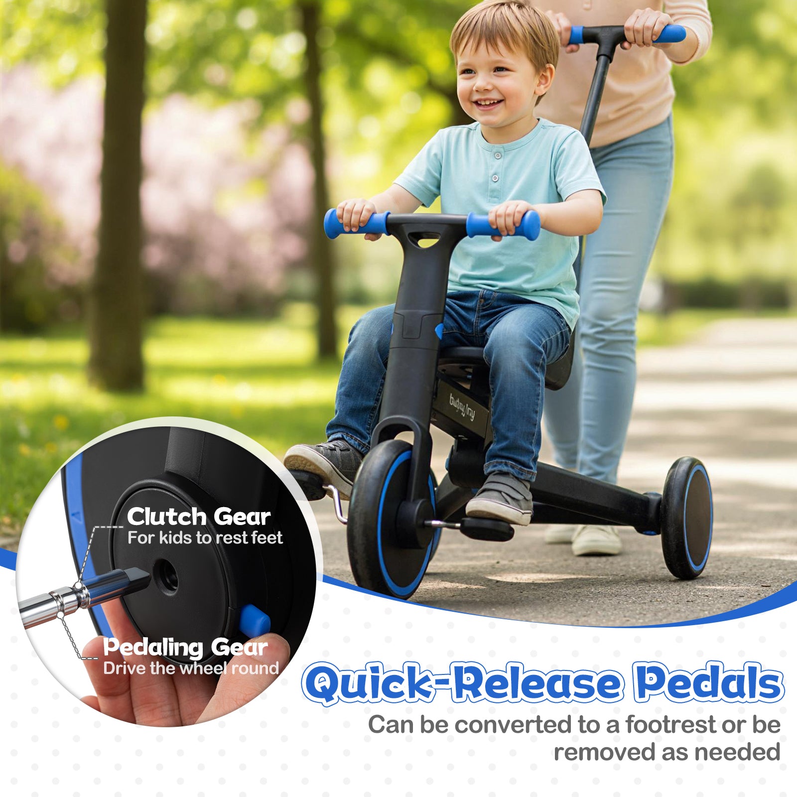 4-in-1 Foldable Toddler Tricycle with Push Handle with Adjustable Seat, Navy Balance Bikes at Gallery Canada