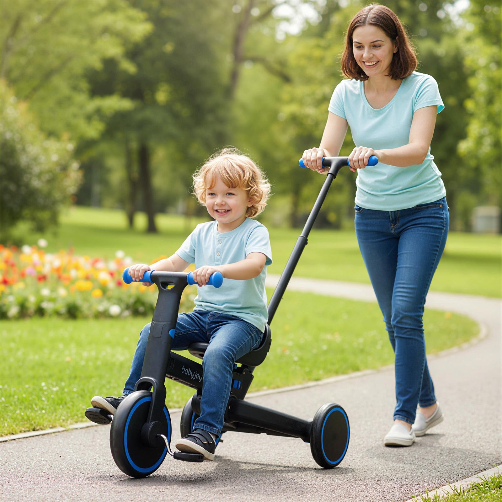 4-in-1 Foldable Toddler Tricycle with Push Handle with Adjustable Seat, Navy Balance Bikes at Gallery Canada