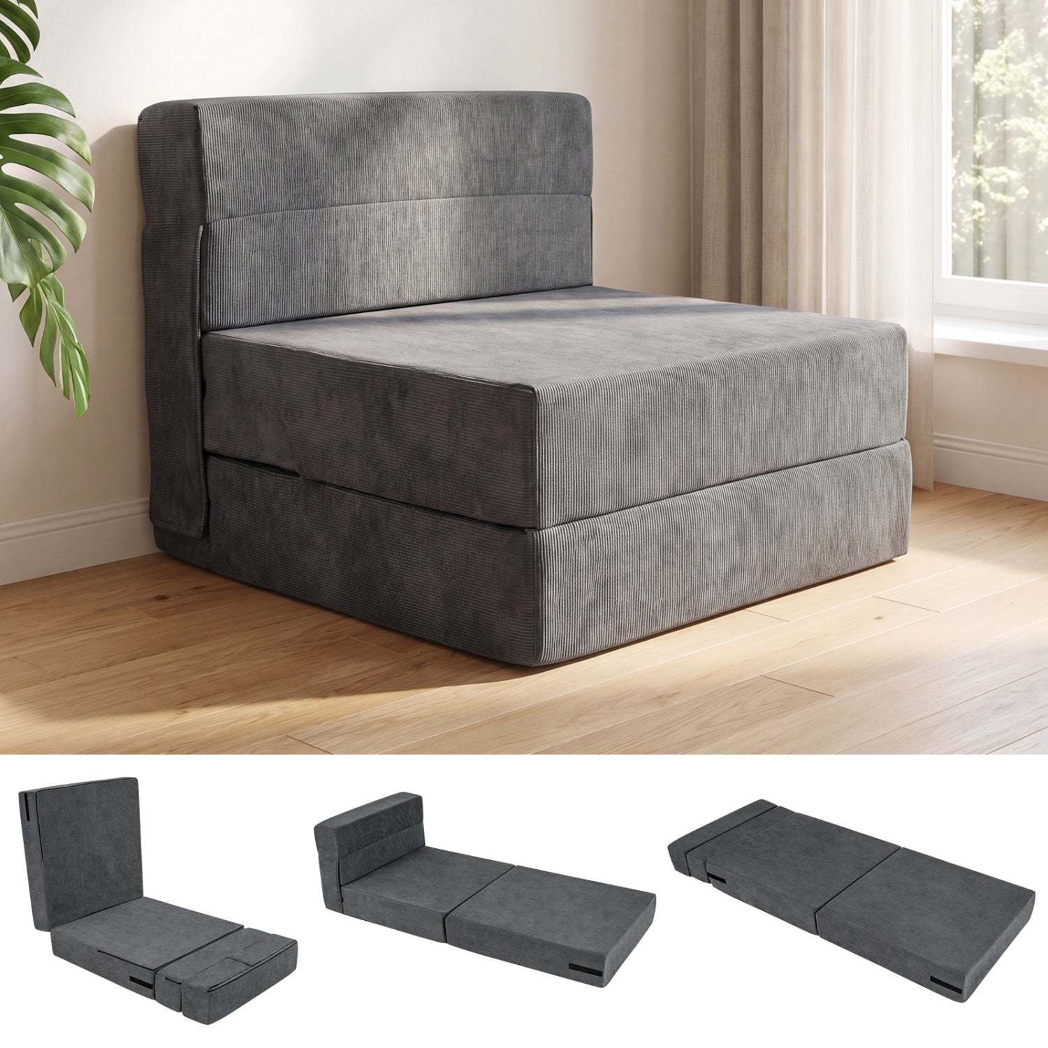 4-In-1 Folding Sofa Bed, Corduroy Cover, Smooth Zipper, Gray Sofas & Loveseats Gray at Gallery Canada