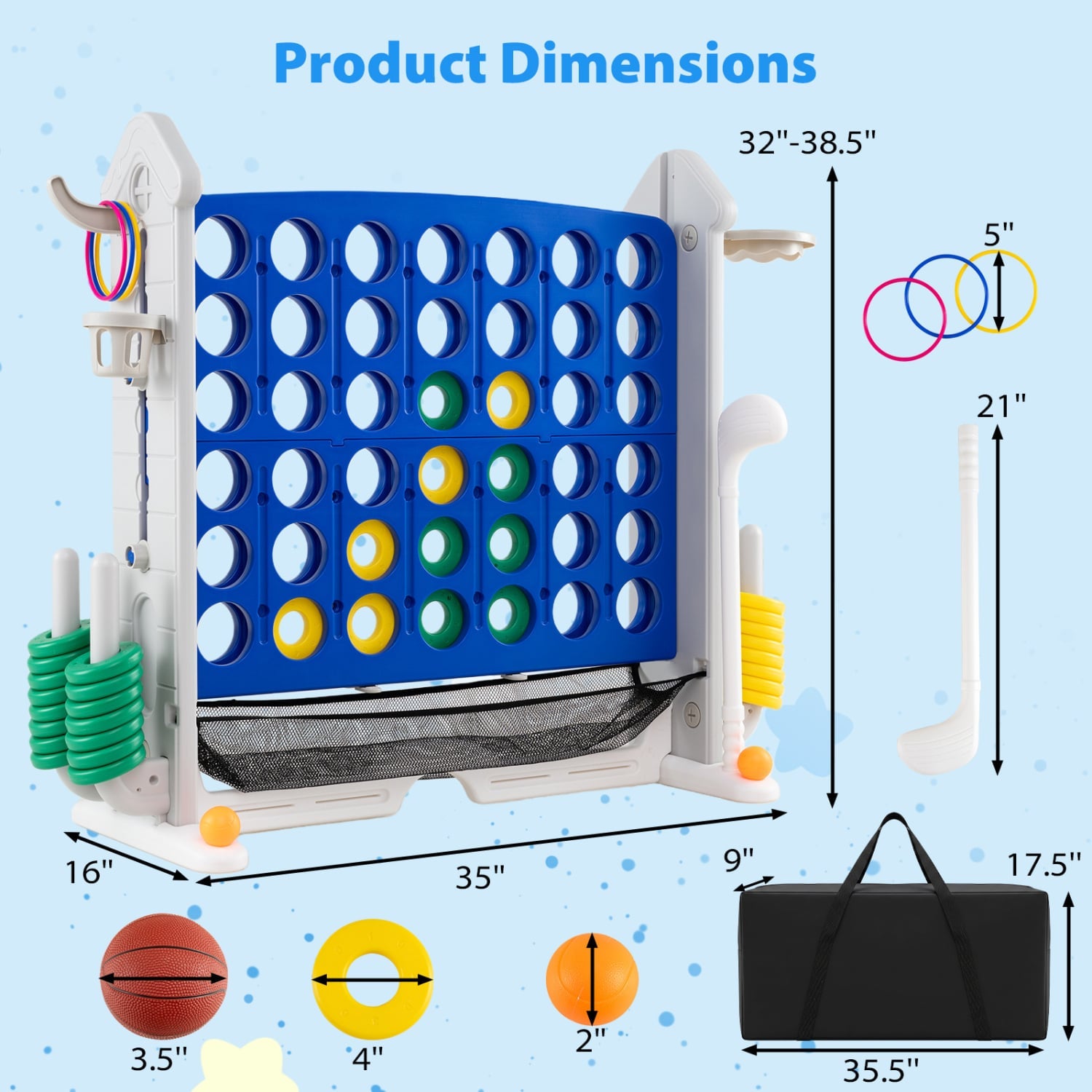 4-in-1 Adjustable Row Connect Game with Mesh Net and Carrying Bag, Blue Lawn Games at Gallery Canada