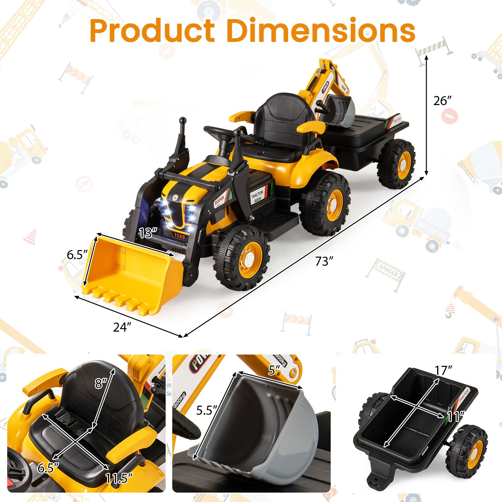 4-in-1 Kids Ride on Tractor 12V Excavator Bulldozer with Remote Control, Yellow Powered Ride On Toys at Gallery Canada