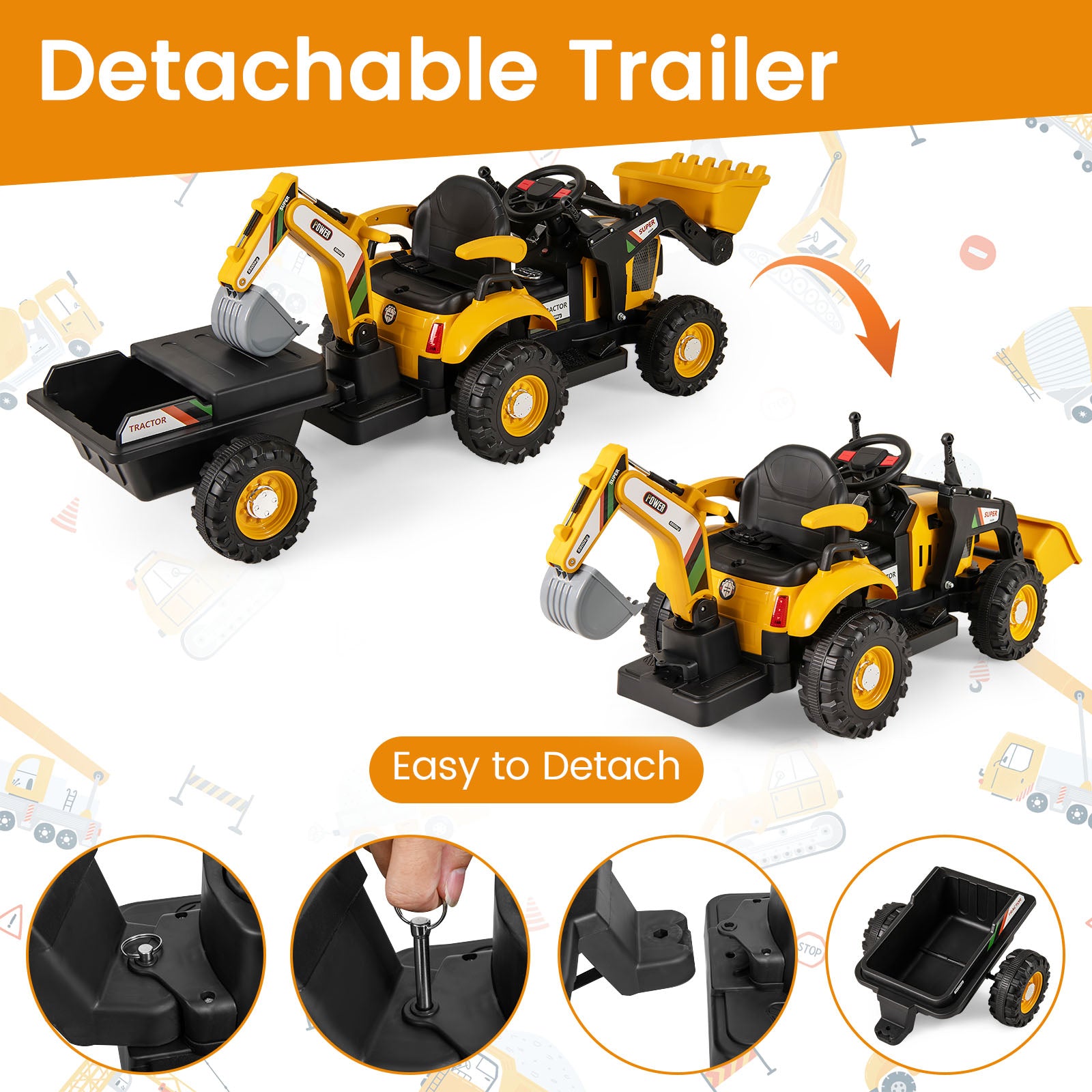 4-in-1 Kids Ride on Tractor 12V Excavator Bulldozer with Remote Control, Yellow Powered Ride On Toys at Gallery Canada