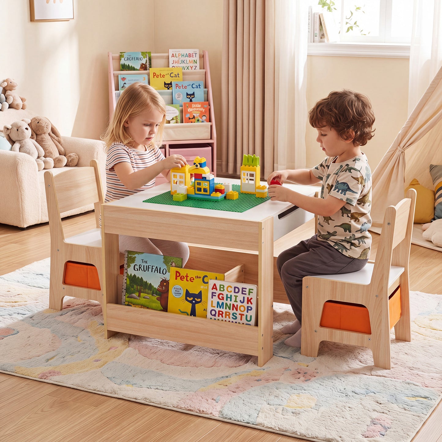 Kids Table & Chairs with Building Blocks, Natural