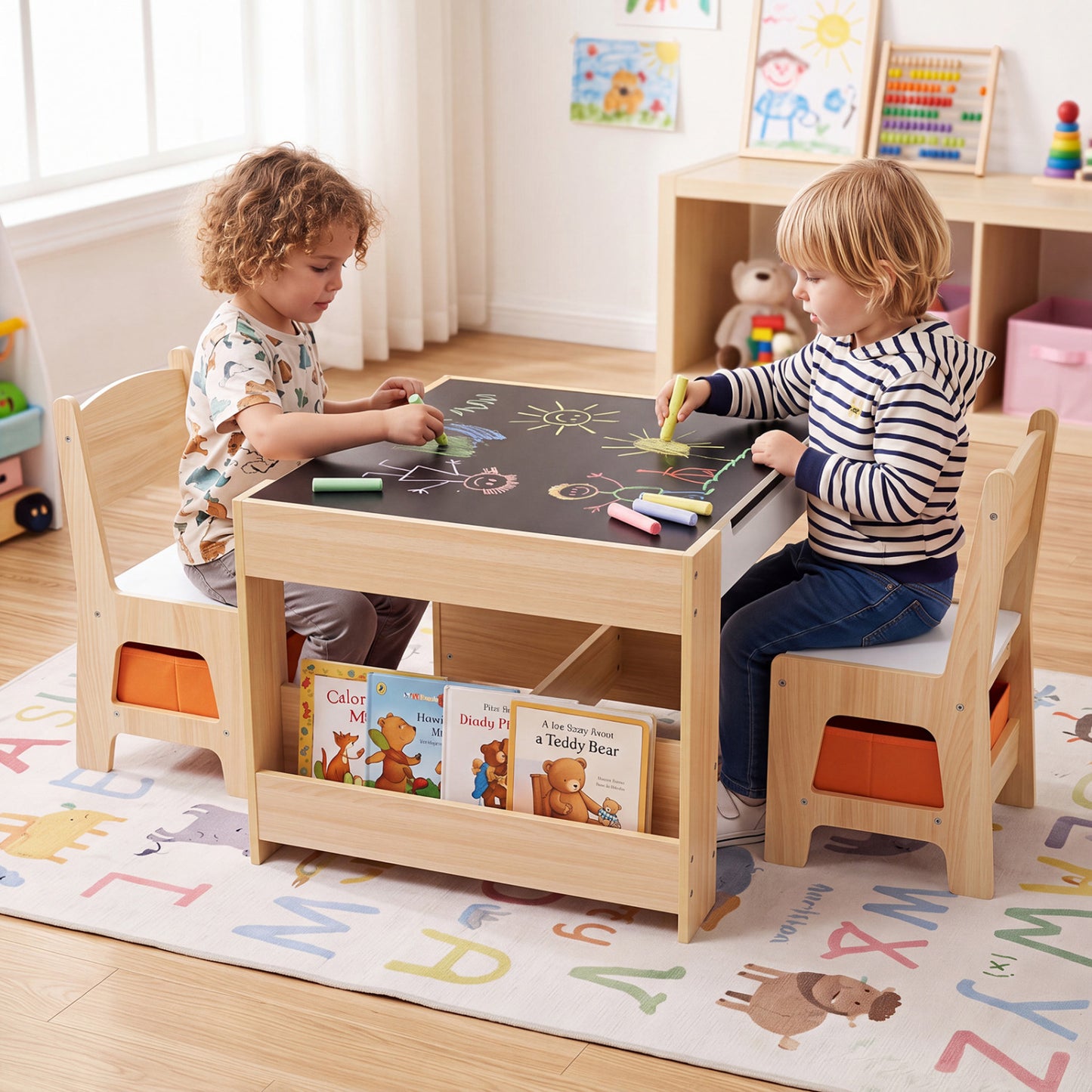 Kids Table & Chairs with Building Blocks, Natural