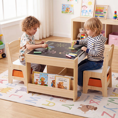 Kids Table & Chairs with Building Blocks, Natural