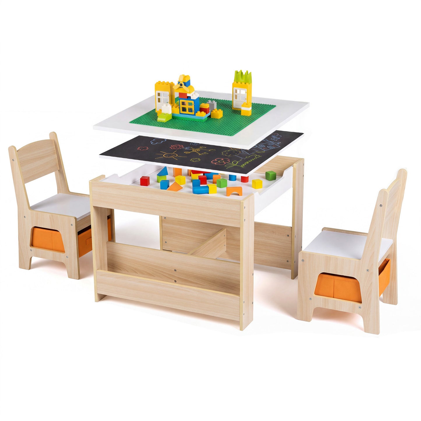 Kids Table & Chairs with Building Blocks, Natural