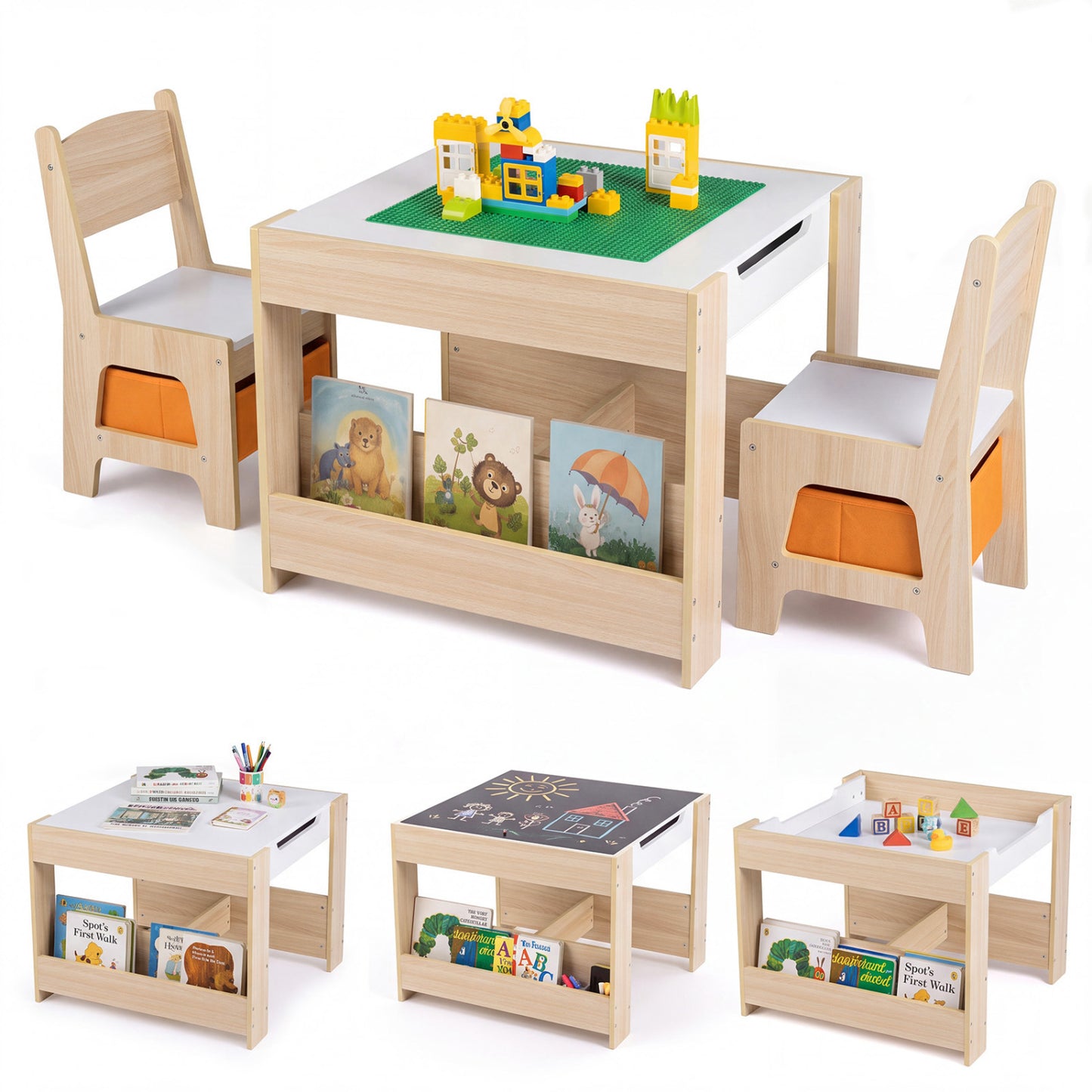 Kids Table & Chairs with Building Blocks, Natural