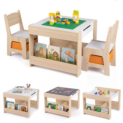 Kids Table & Chairs with Building Blocks, Natural