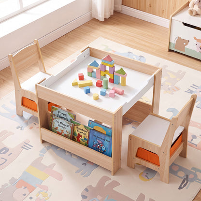 Kids Table & Chairs with Building Blocks, Natural