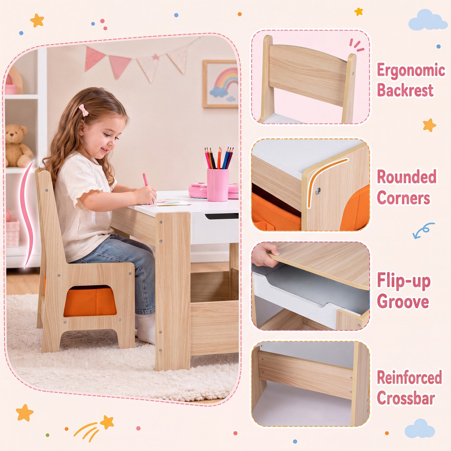 Kids Table & Chairs with Building Blocks, Natural