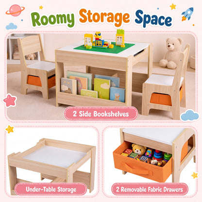 Kids Table & Chairs with Building Blocks, Natural