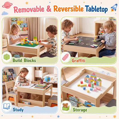 Kids Table & Chairs with Building Blocks, Natural