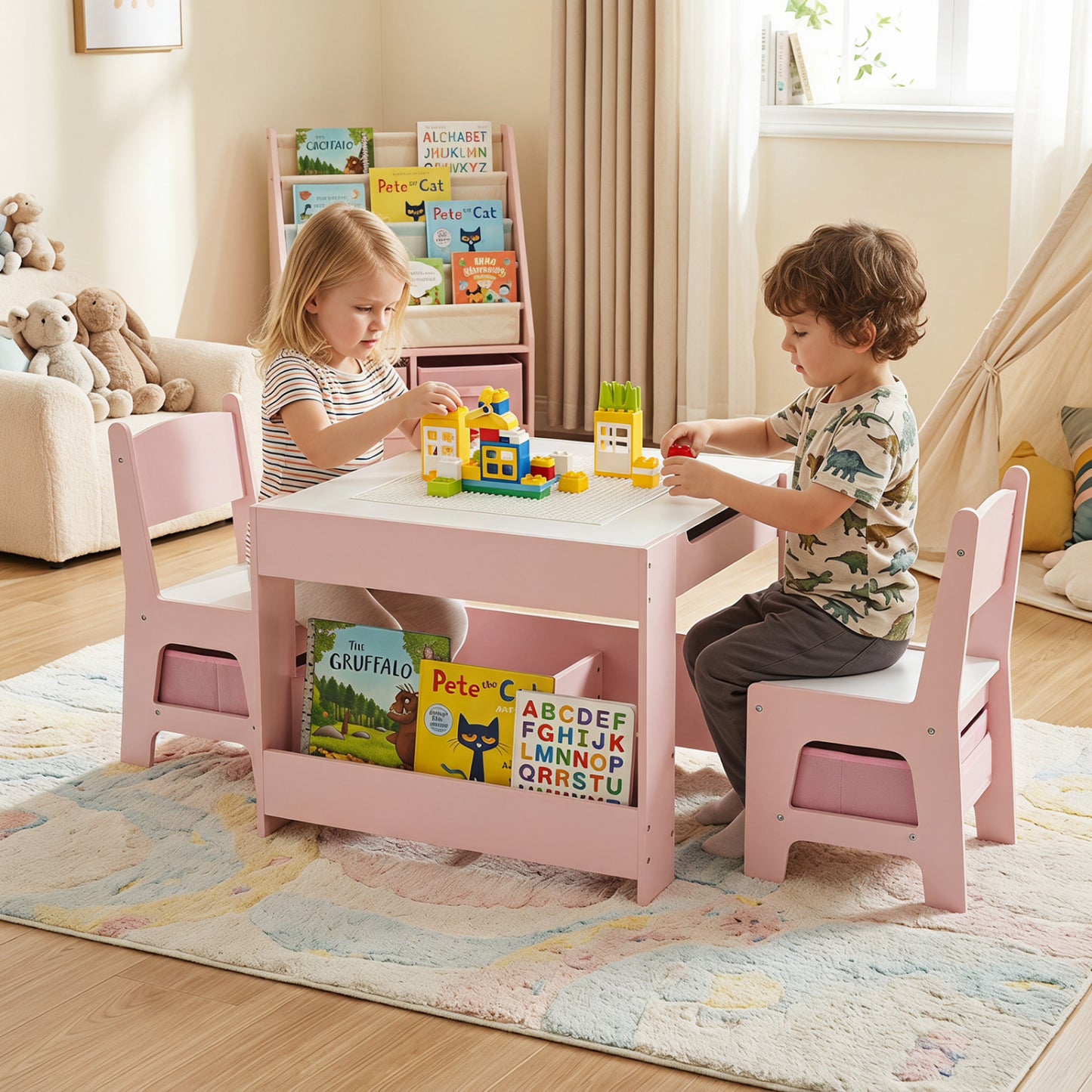 4-in-1 Kids Table & Chairs Set, Building Blocks, Bookshelf, Pink