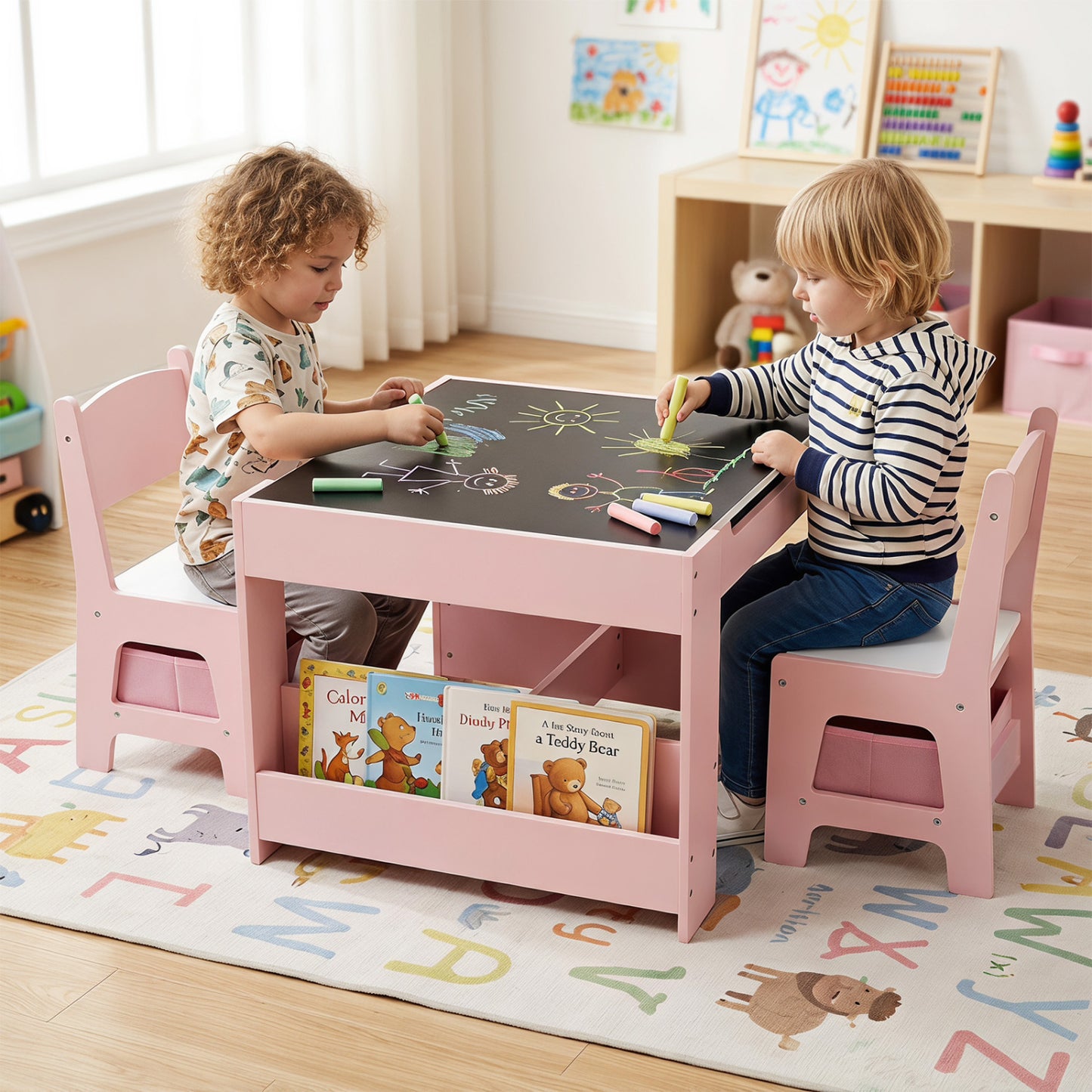 4-in-1 Kids Table & Chairs Set, Building Blocks, Bookshelf, Pink