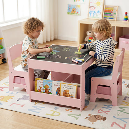 4-in-1 Kids Table & Chairs Set, Building Blocks, Bookshelf, Pink