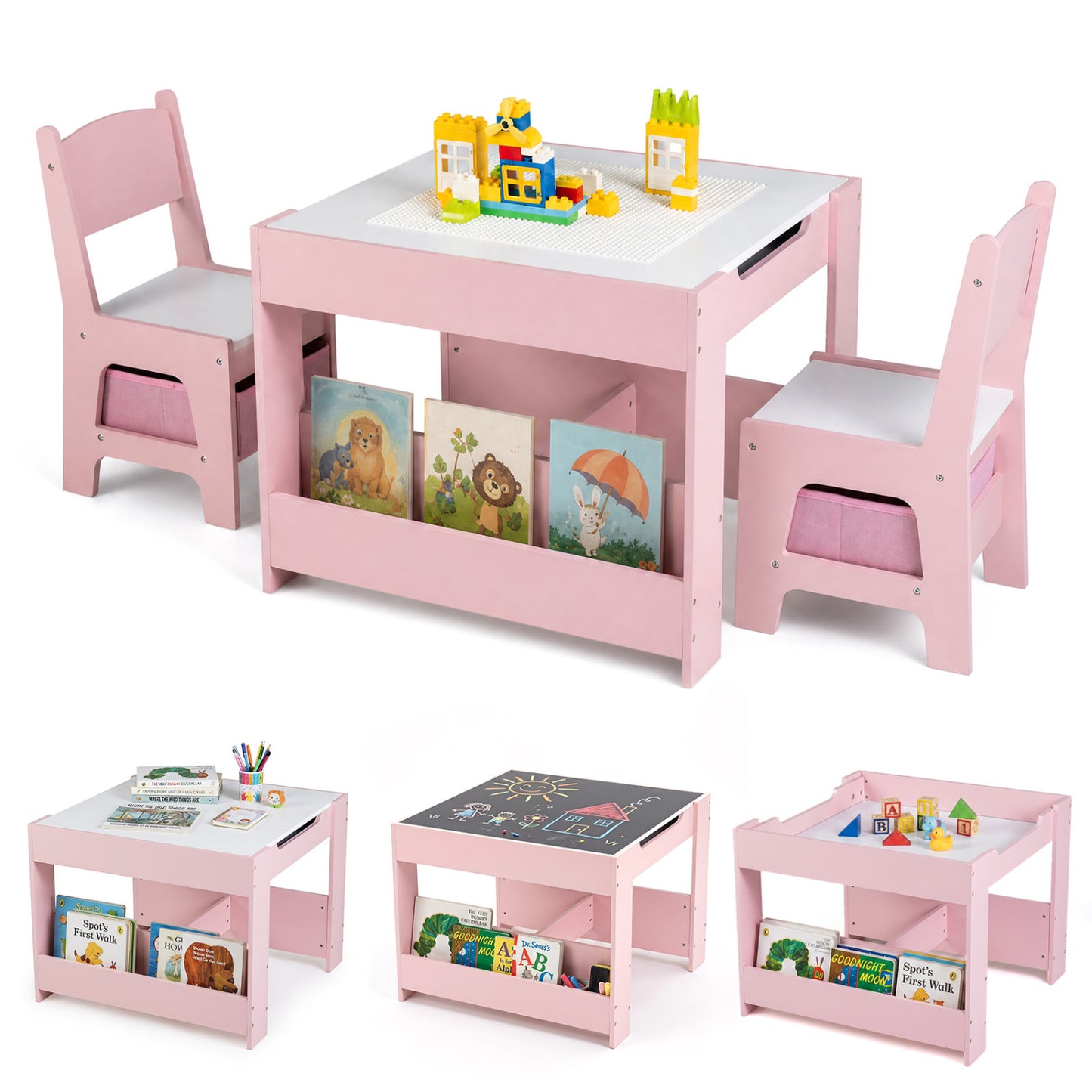 4-in-1 Kids Table & Chairs Set, Building Blocks, Bookshelf, Pink