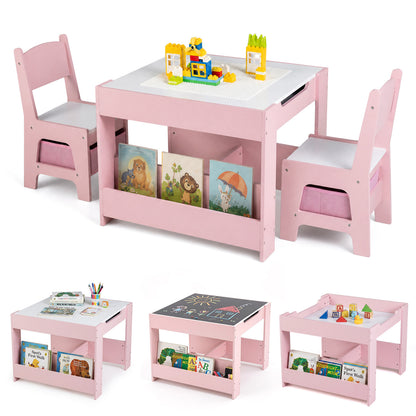 4-in-1 Kids Table & Chairs Set, Building Blocks, Bookshelf, Pink