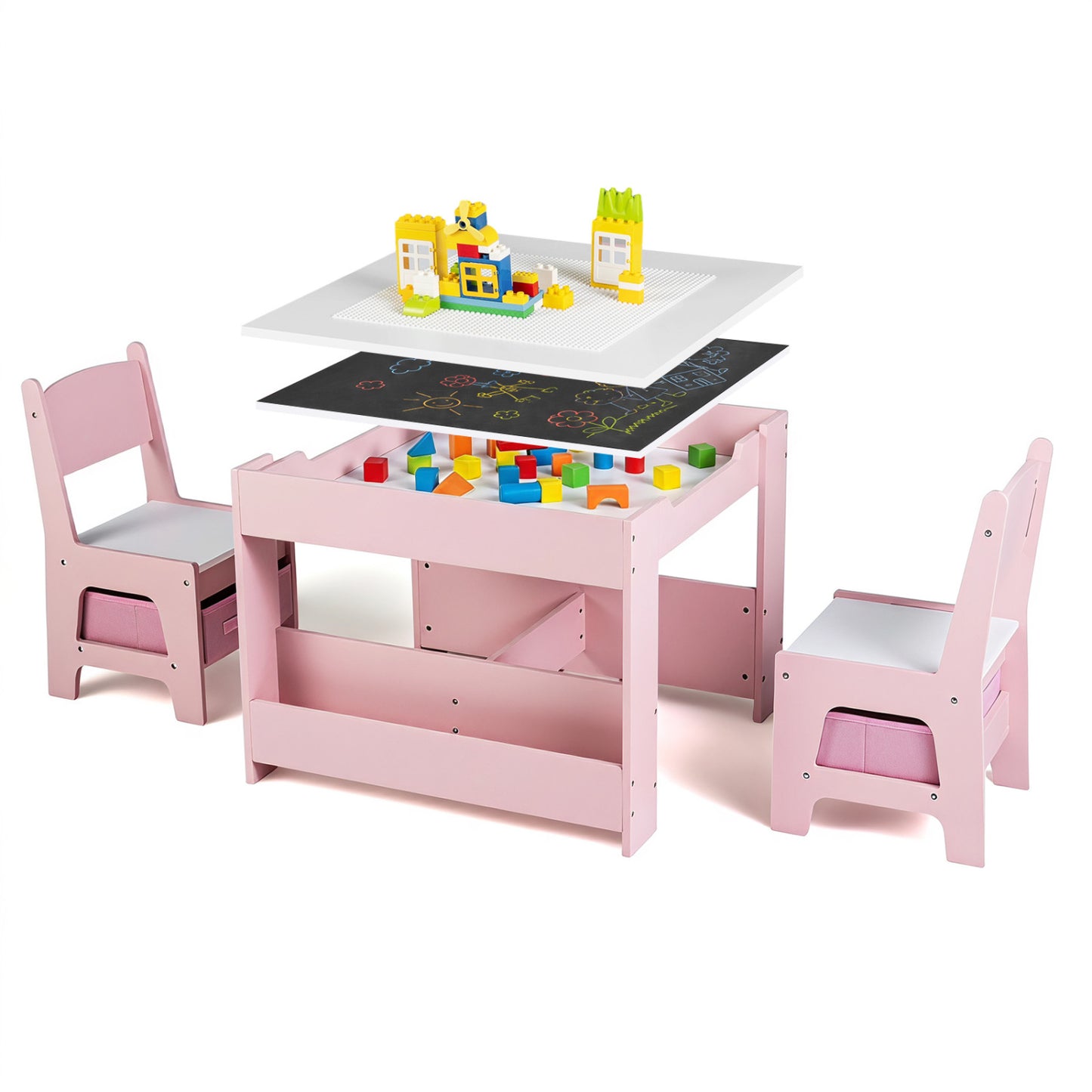4-in-1 Kids Table & Chairs Set, Building Blocks, Bookshelf, Pink