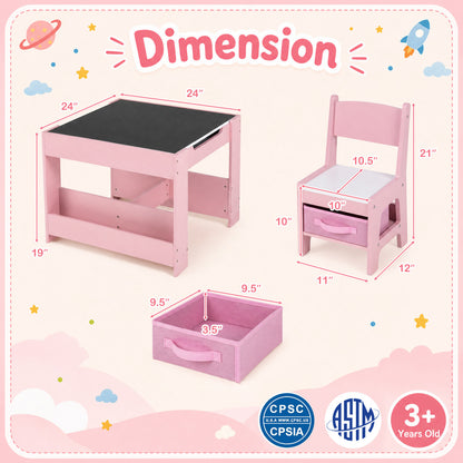 4-in-1 Kids Table & Chairs Set, Building Blocks, Bookshelf, Pink