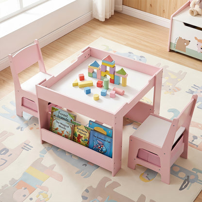 4-in-1 Kids Table & Chairs Set, Building Blocks, Bookshelf, Pink